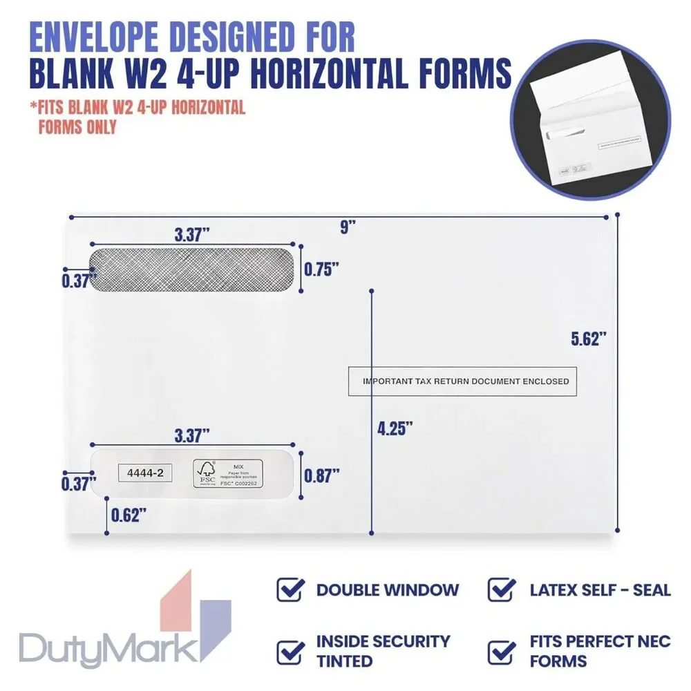 200 Count Tax Envelopes Designed for W2 Forms 4 Up Horizontal Format